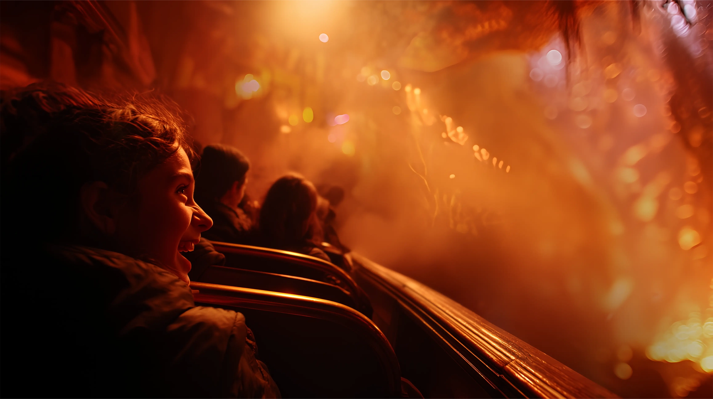 Smiling girl enjoying a dark, smoky ride on a log flume or water ride with warm orange lighting.
