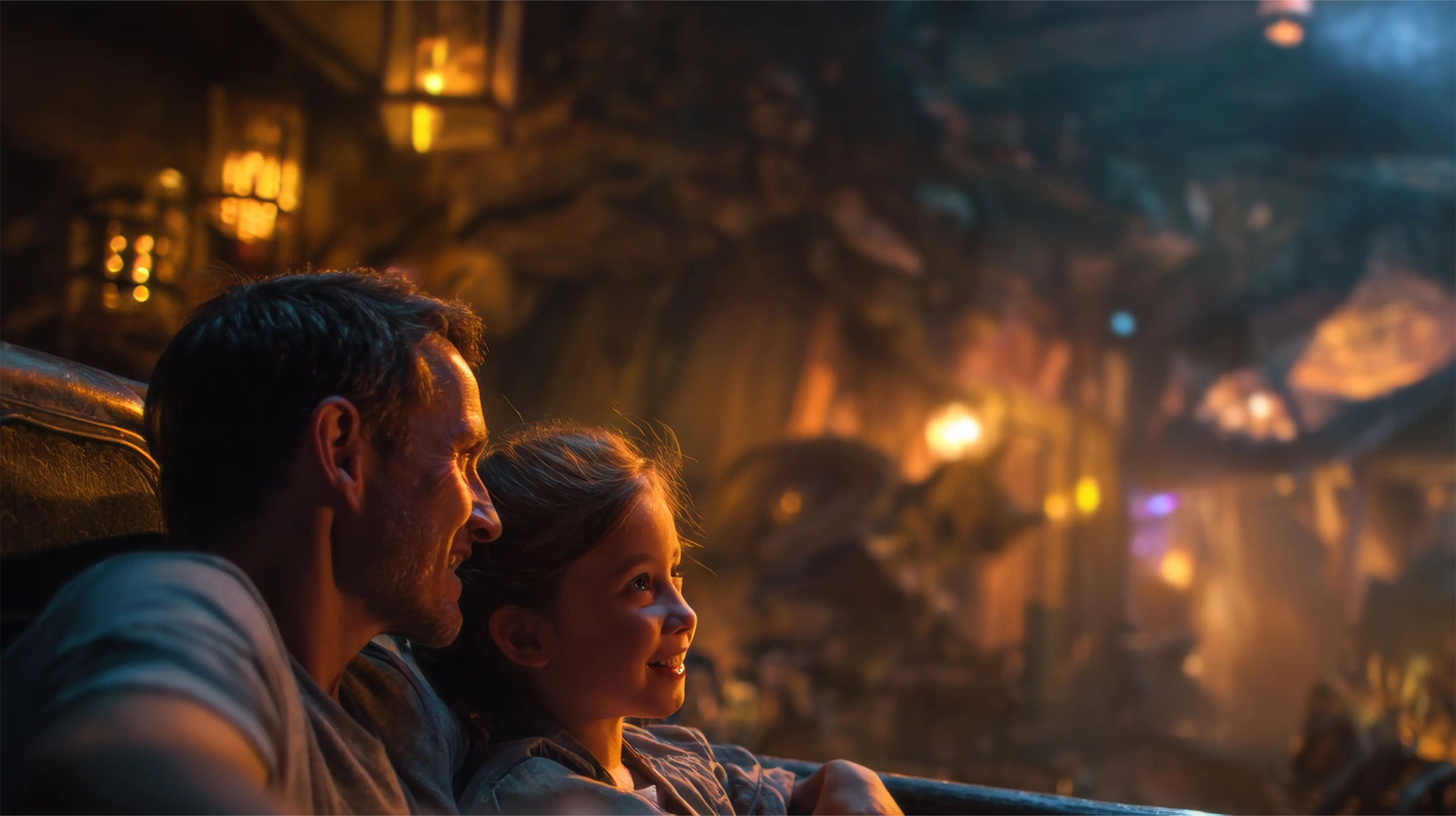 A man and a young girl smiling and looking at a warmly lit, rustic indoor scene.