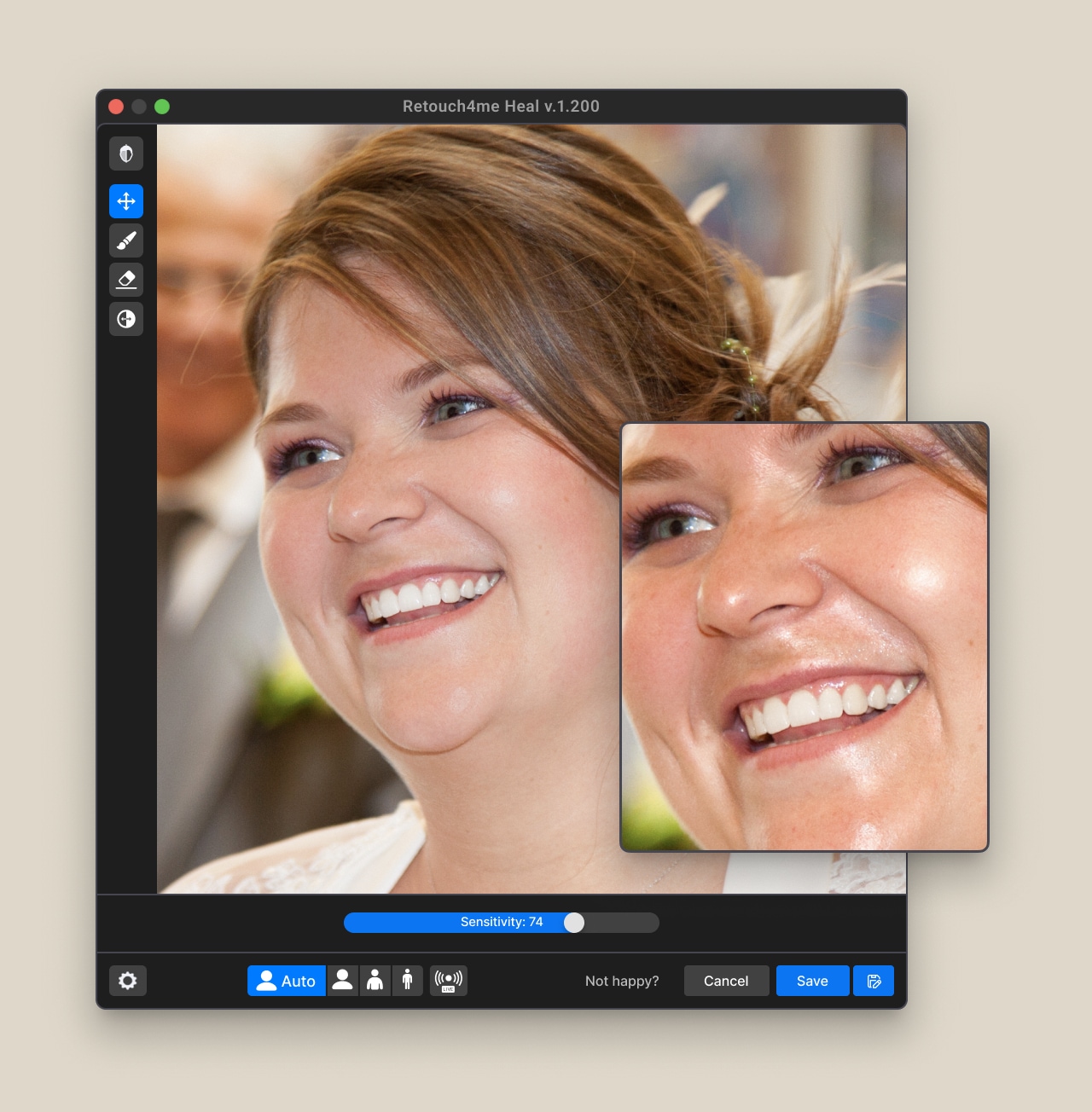 Bride portrait with shiny skin reduced using Retouch4me Mattifier — flash reflection removed for a polished look.