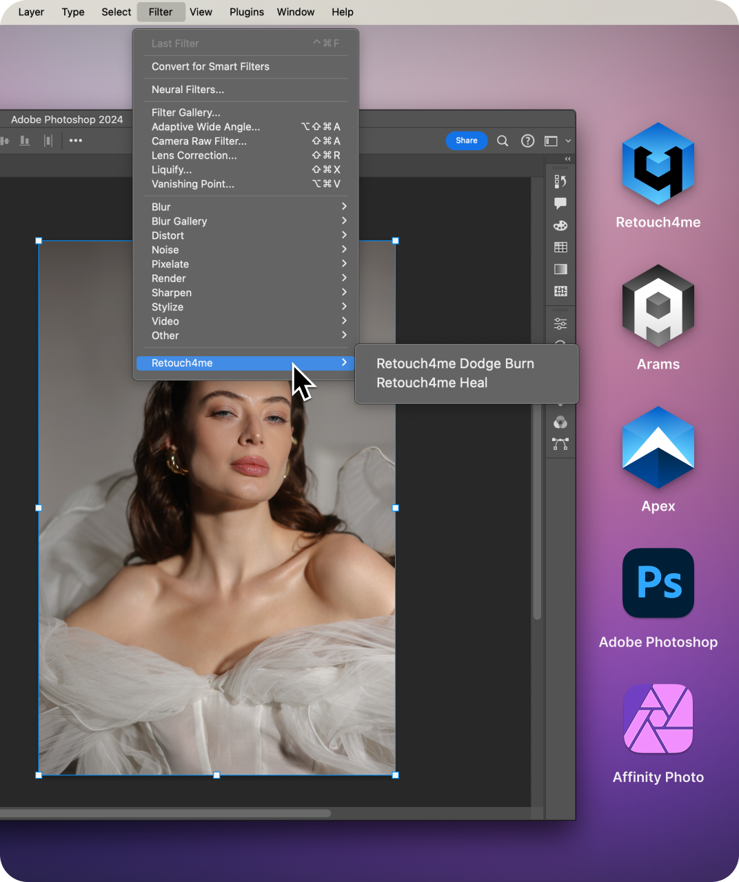 Screenshot of Retouch4me plugins installed in Photoshop — wedding photo edited using Photoshop.