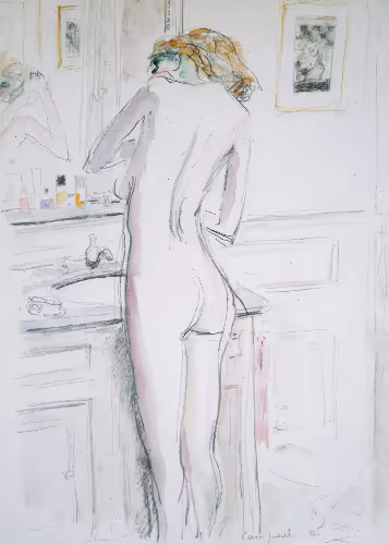 A drawing of a woman standing in a kitchen.