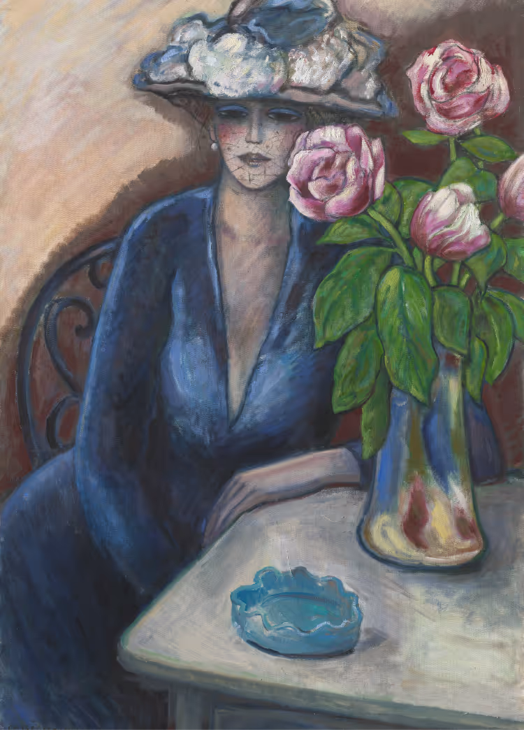 A painting of a woman sitting at a table with a vase of flowers.