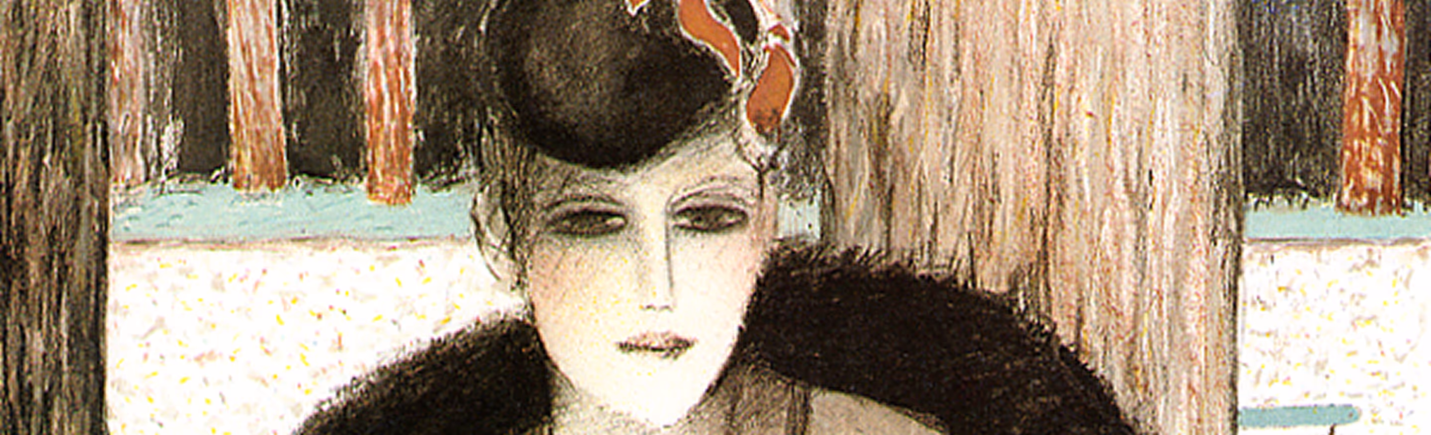 A drawing of a woman in a fur coat.