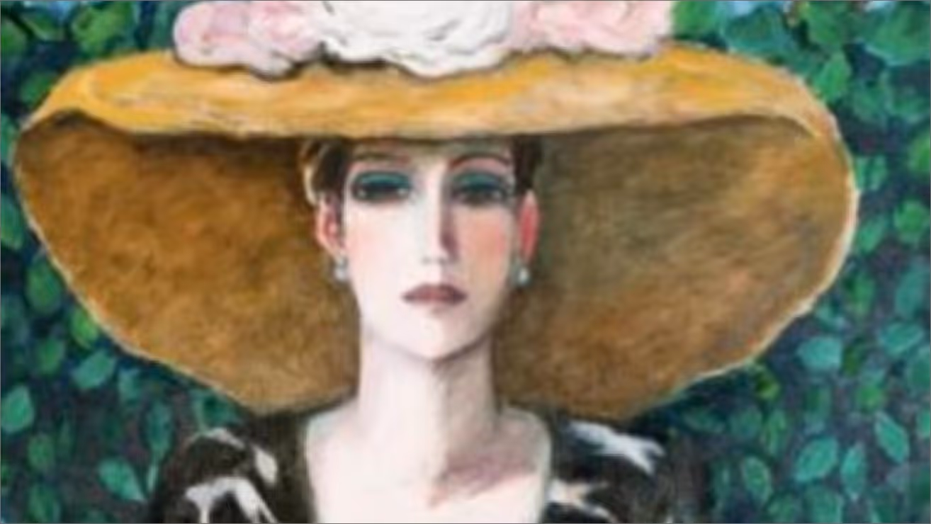 A painting of a woman wearing a large hat.