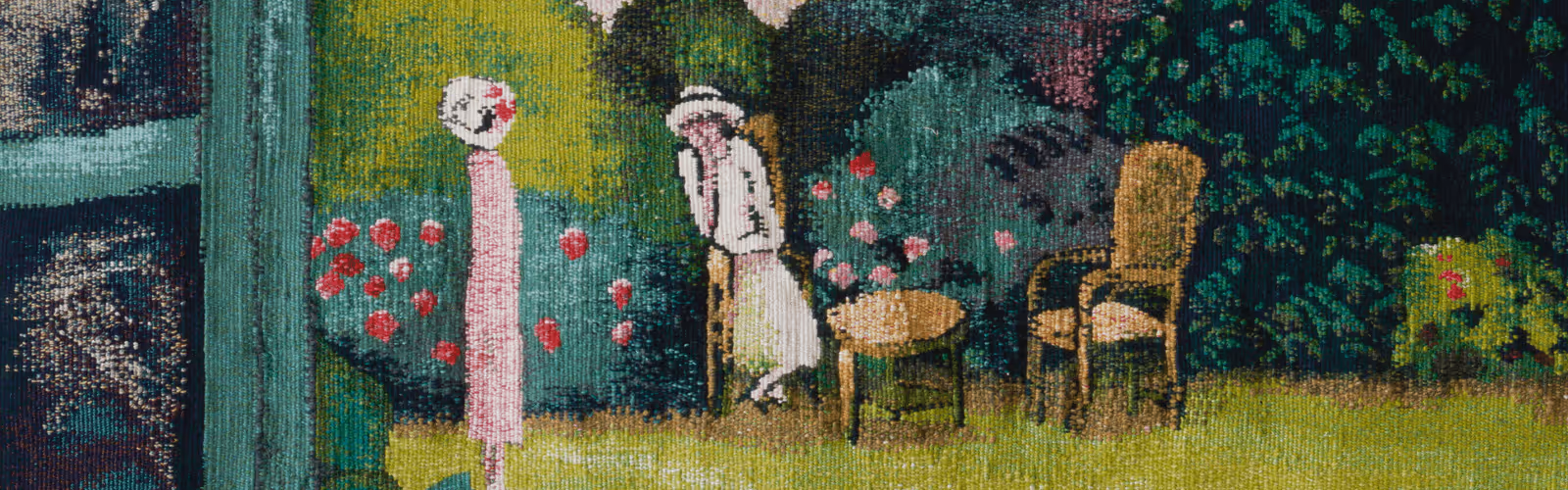 A painting of a man and a woman in a garden.