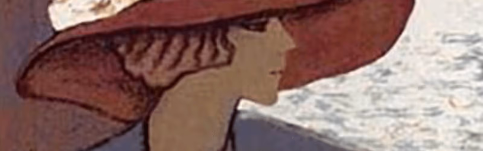 A painting of a woman with a hat on her head.