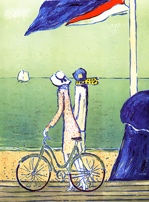 A drawing of a man riding a bike next to a woman.