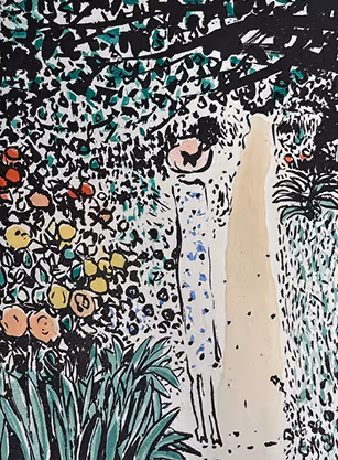 A drawing of a woman standing in a garden.