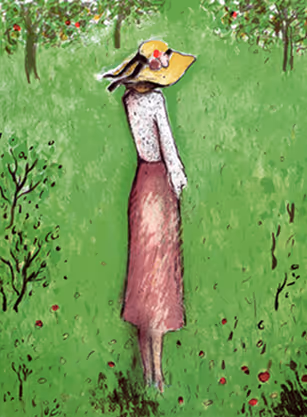 A painting of a woman standing in a field.