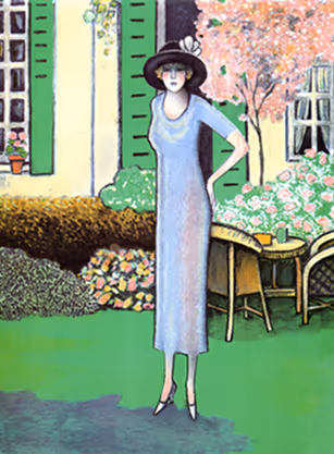 A painting of a woman standing in front of a house.