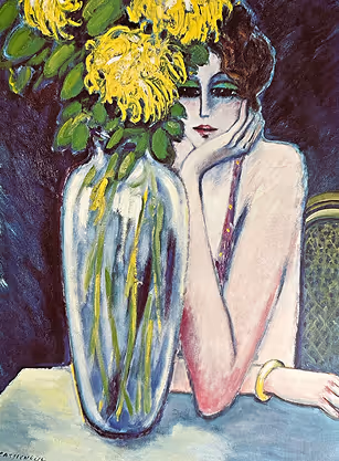 A painting of a woman sitting at a table with a vase of flowers.