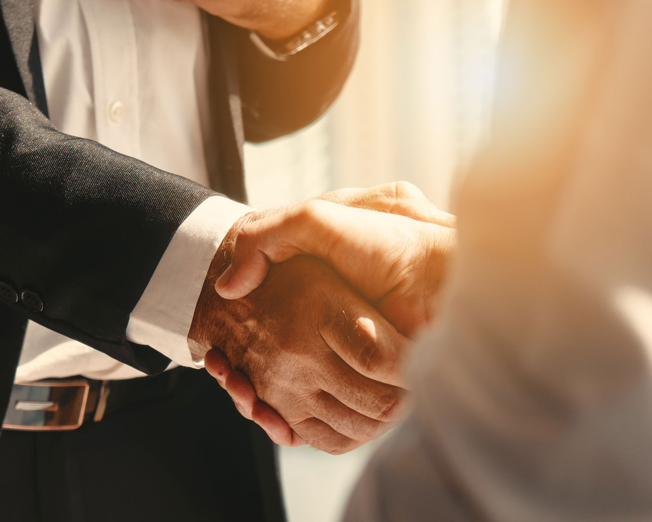 Close-up of two people shaking hands, one wearing a suit jacket and white shirt, in warm natural light.