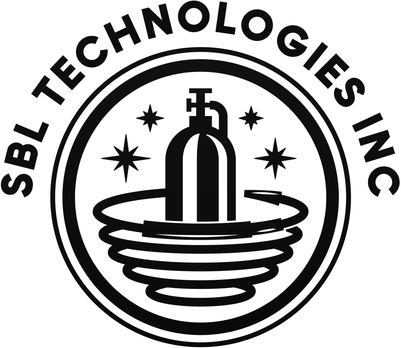 Circular logo with a water faucet above spiraling lines and four stars, encircled by the text 'SBL TECHNOLOGIES INC'.
