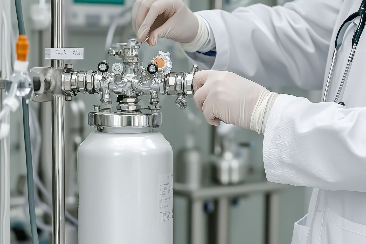 Medical professional wearing gloves adjusting valves on a metal oxygen tank in a clinical setting.