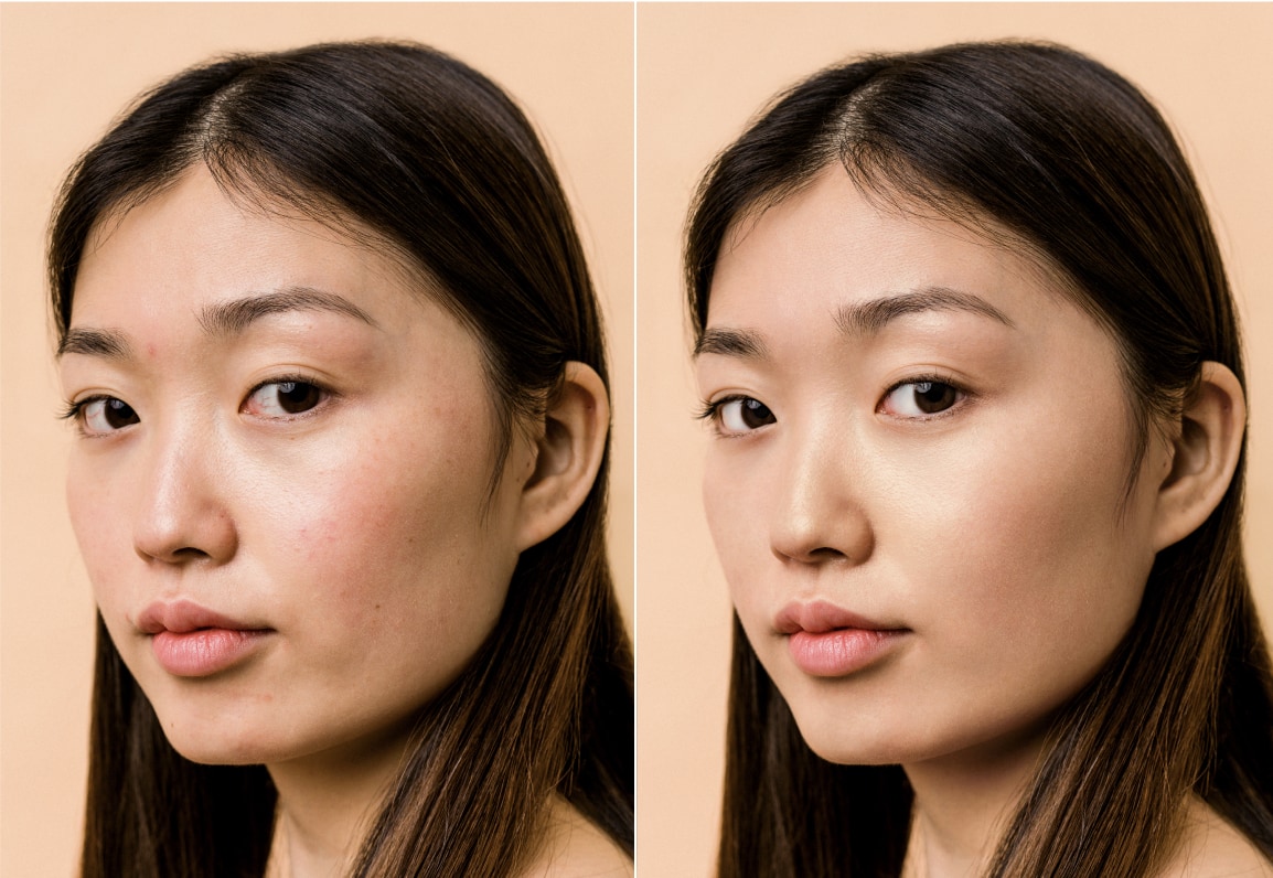 Before and after portrait of Asian woman – AI retouching by Retouch4me