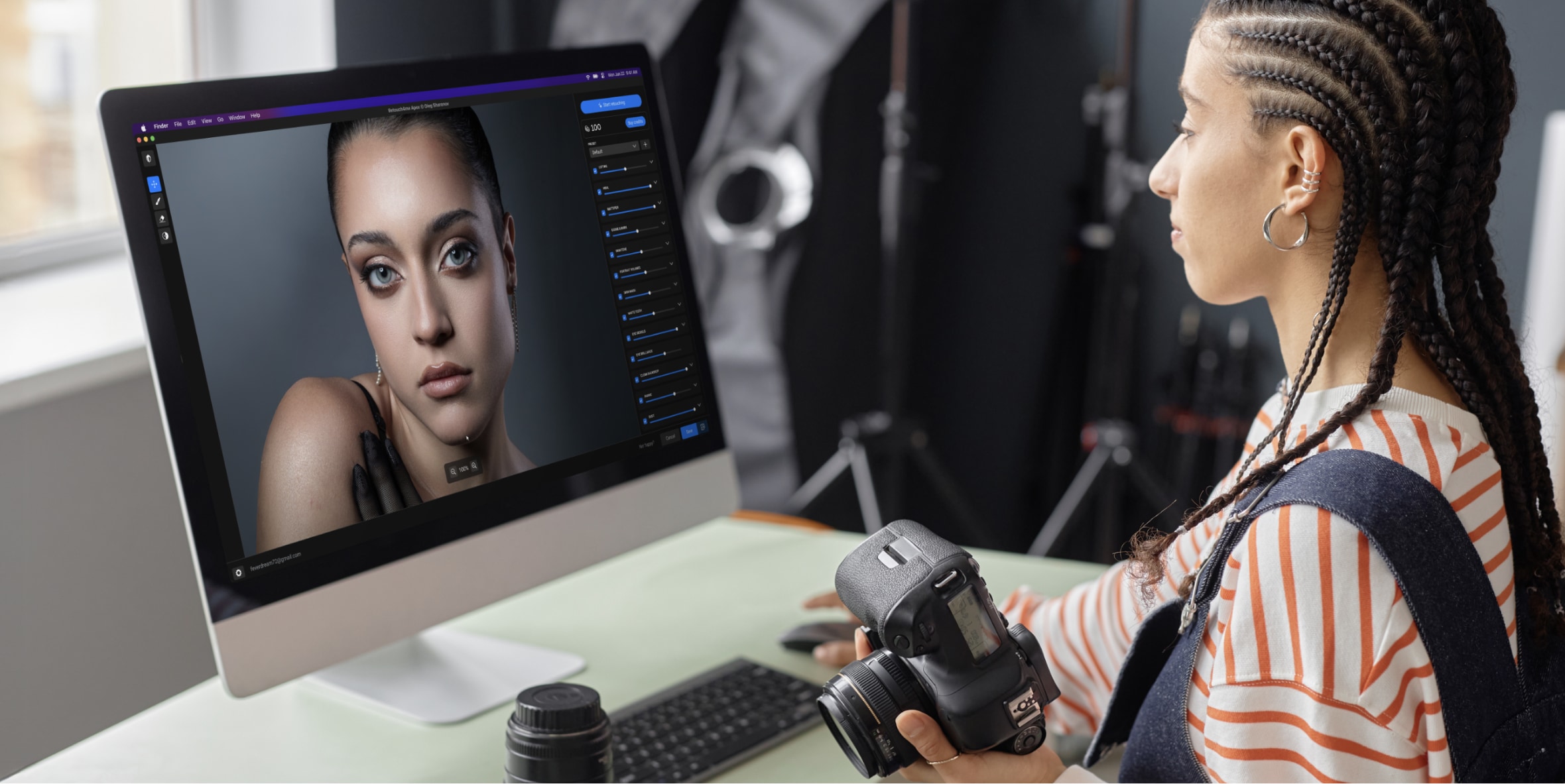 Photographer editing portrait using Retouch4me AI tools