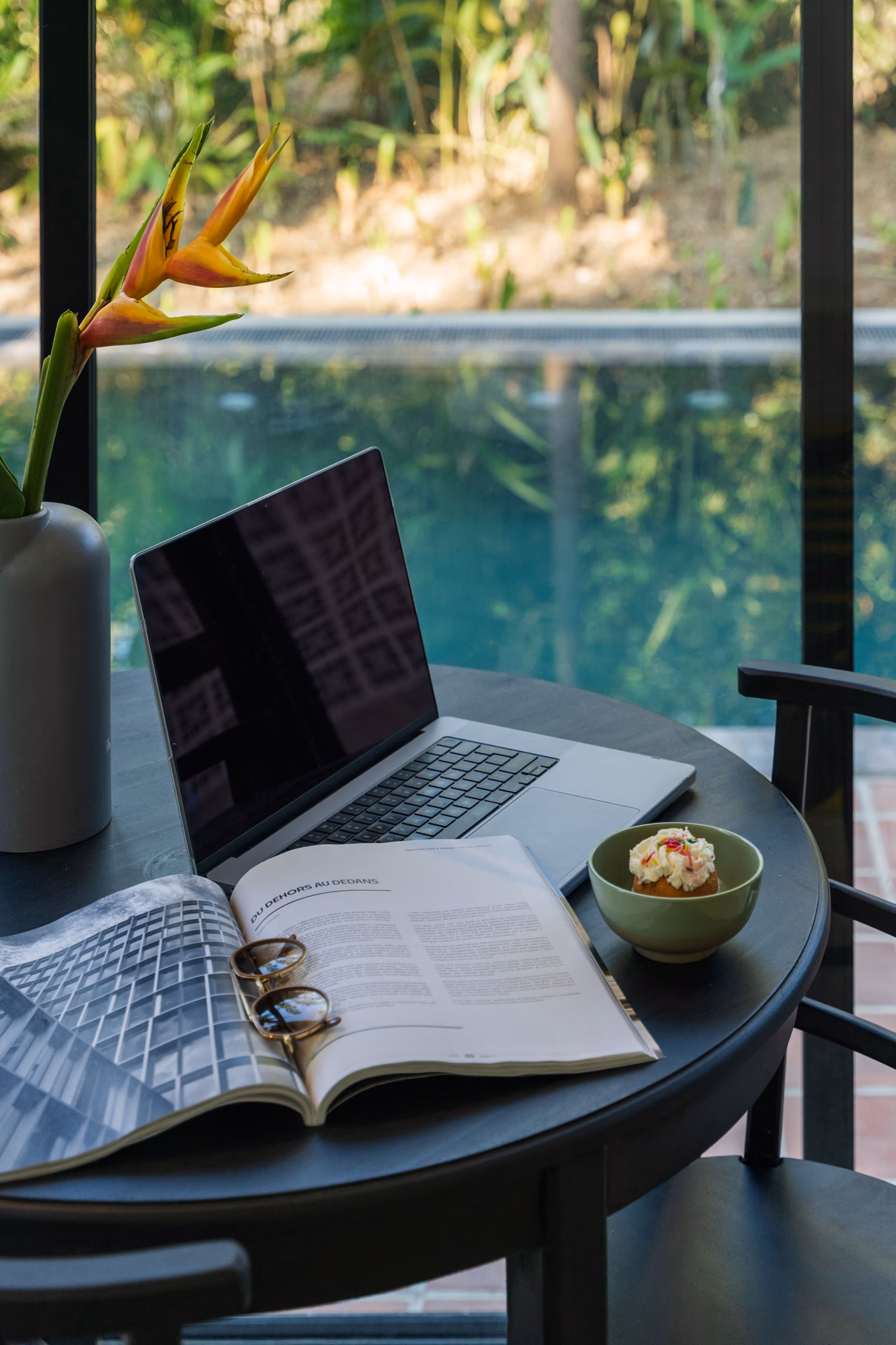 Work desk with plunge pool view in the Pool Bungalow at Licuala Lanka, Ahangama on Sri Lanka's South Coast