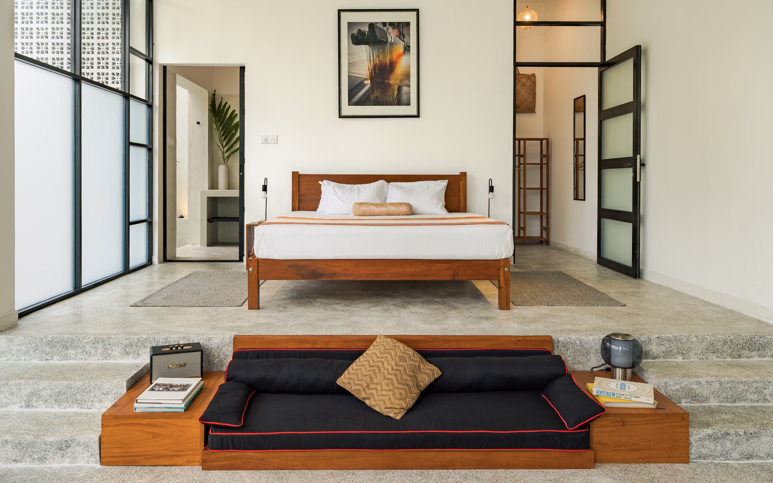 King bed and daybed platform in the Pool Bungalow at Licuala Lanka, Ahangama, Sri Lanka