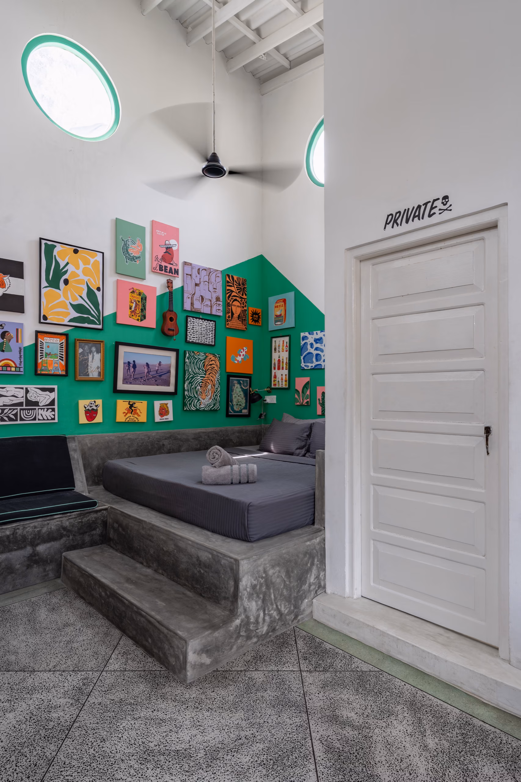 Platform bed and private entrance in the Surf Loft, Kabalana, Sri Lanka
