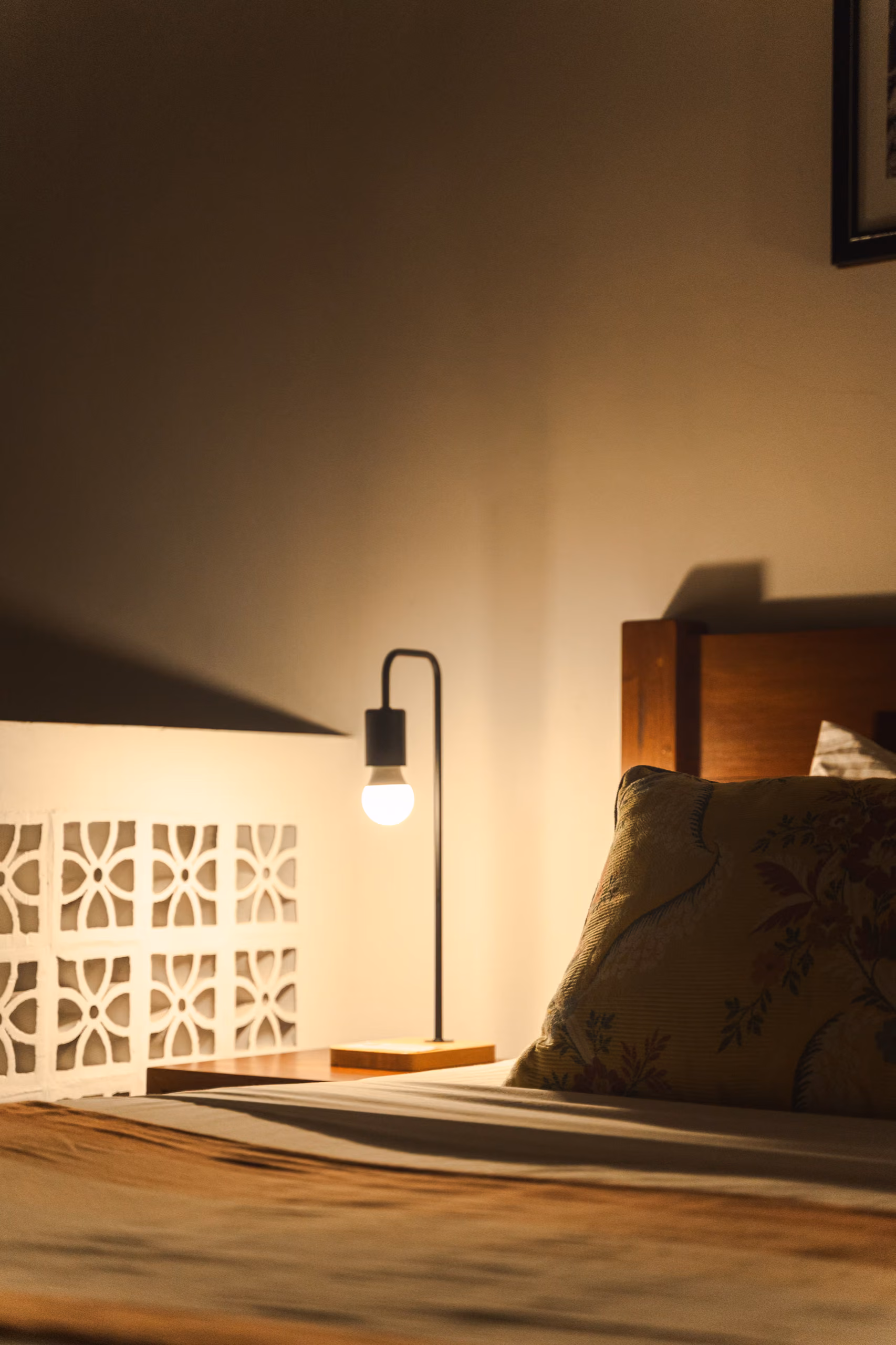 Night lamp by the breeze-block wall in the Tropical House, Licuala Lanka on Sri Lanka's South Coast