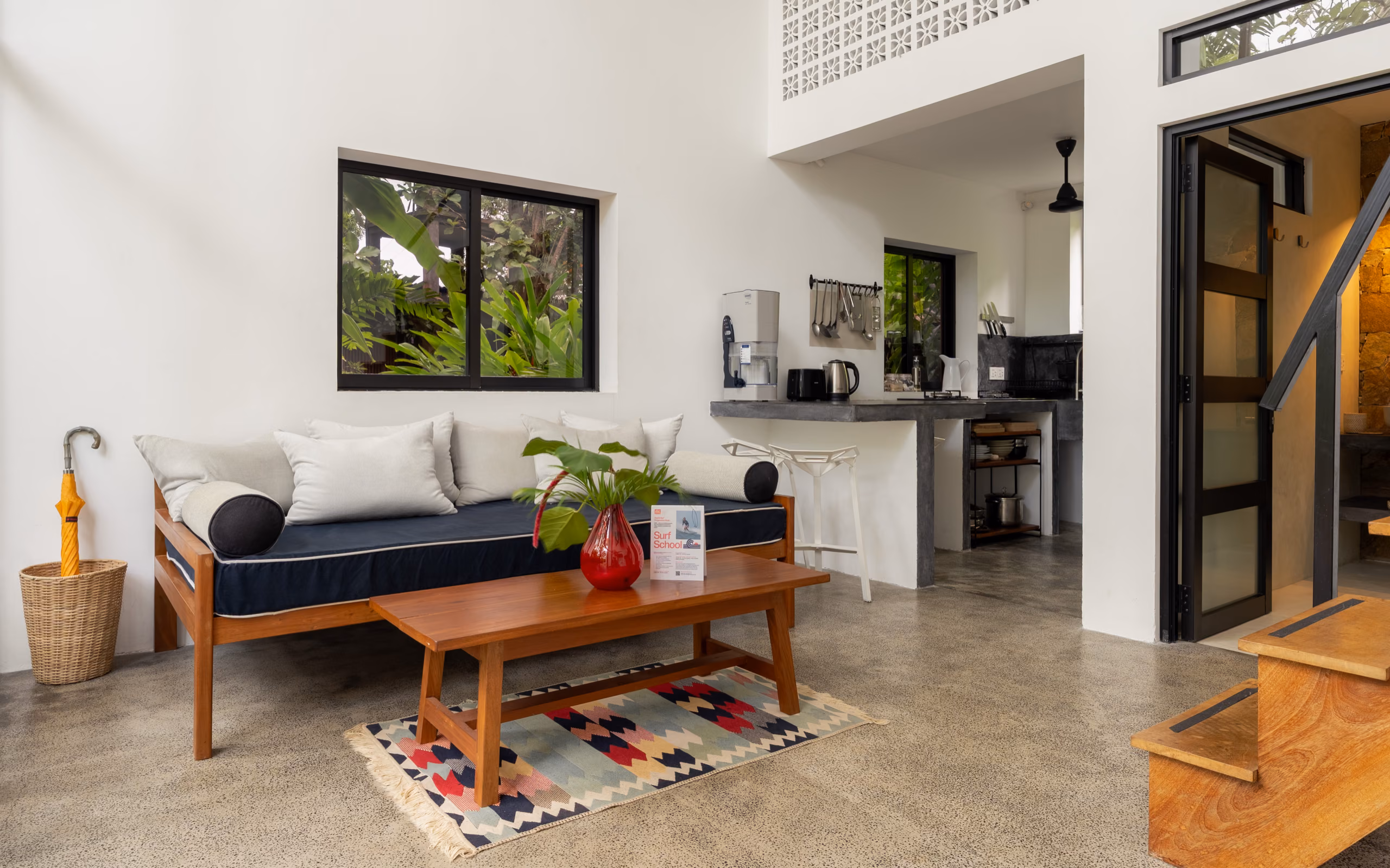 Living space and kitchen of the Tropical House at Licuala Lanka, Ahangama, Sri Lanka