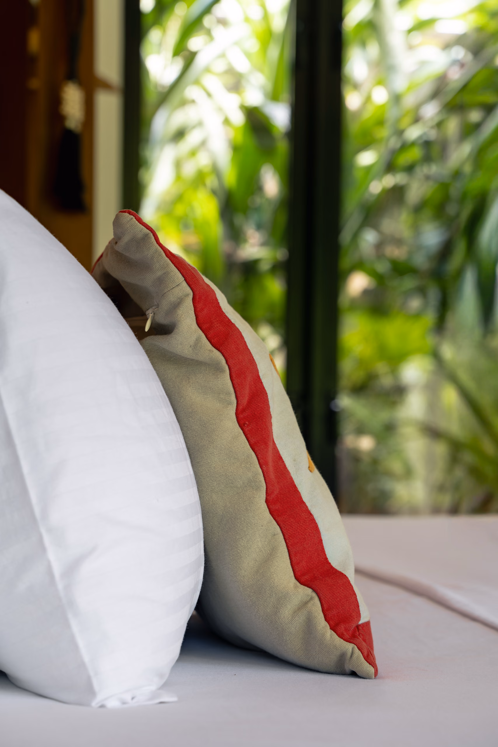 Handmade pillow detail in the Jungle Bungalow at Licuala Lanka, Ahangama, Sri Lanka