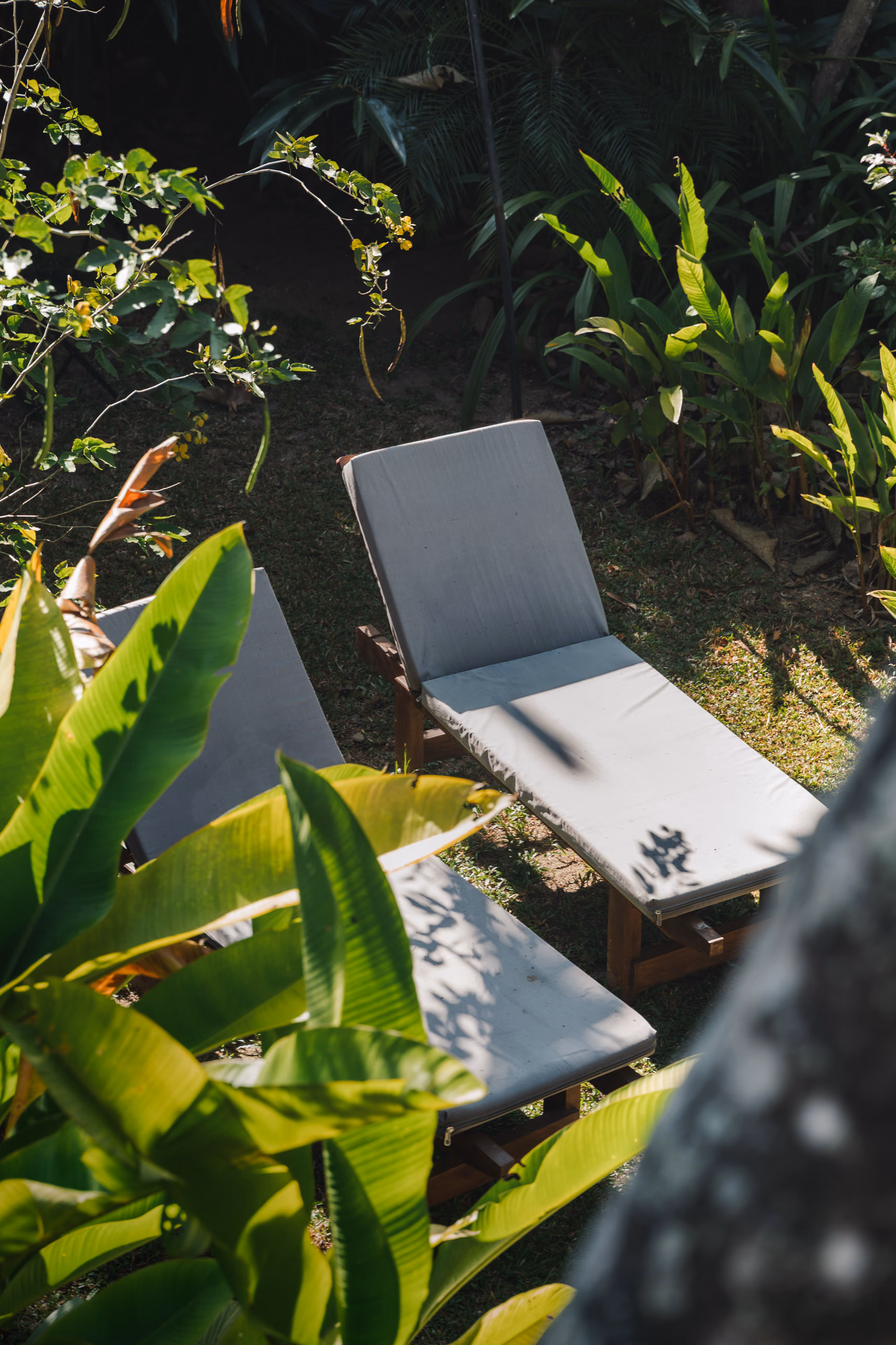 Sun lounger in the private garden of the Jungle Bungalow, Licuala Lanka on Sri Lanka's South Coast