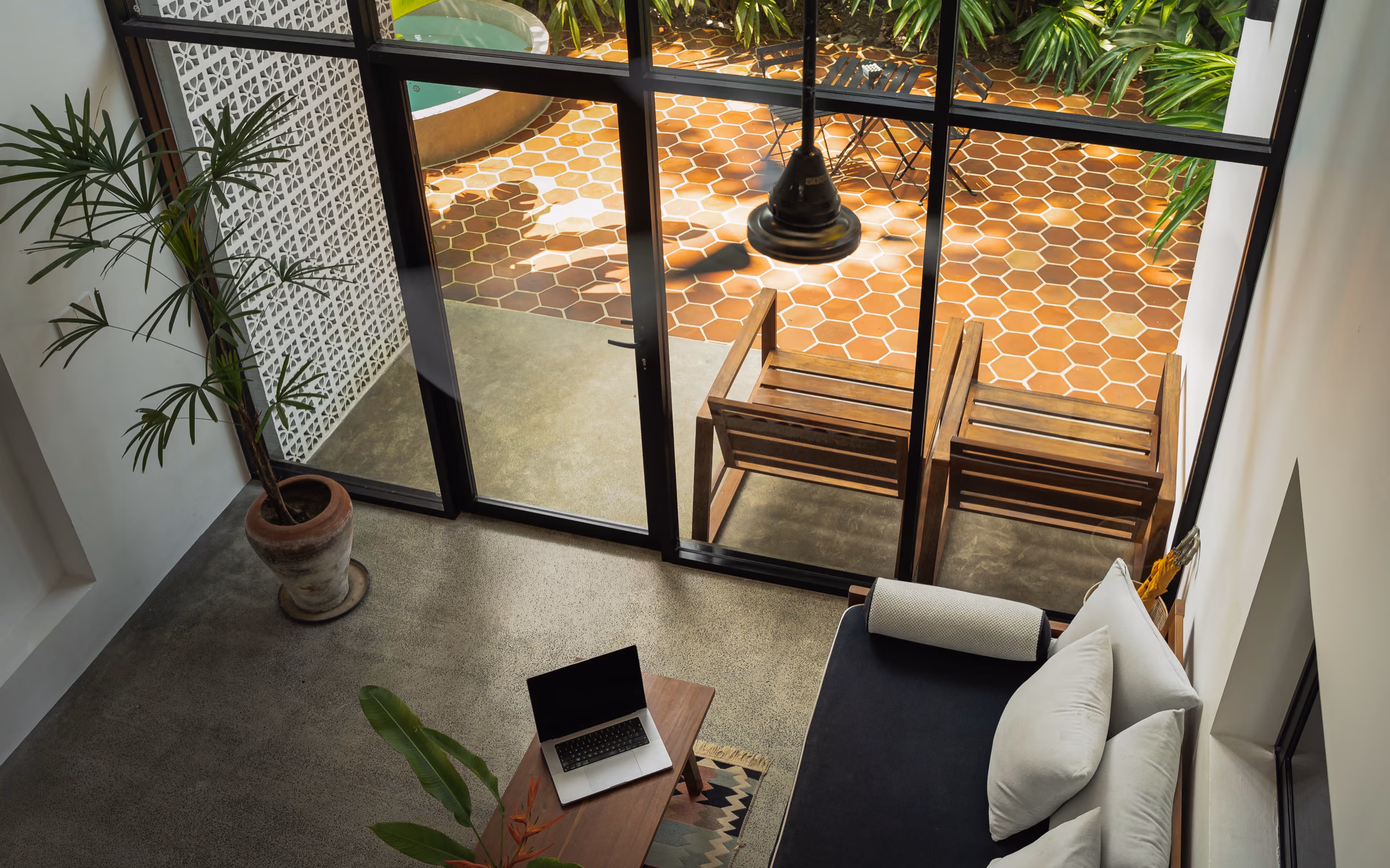 Tropical House interior with loft workspace at Licuala Lanka, Ahangama