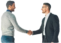 Two men shaking hands, one in a gray sweater and jeans, the other in a dark suit and glasses.