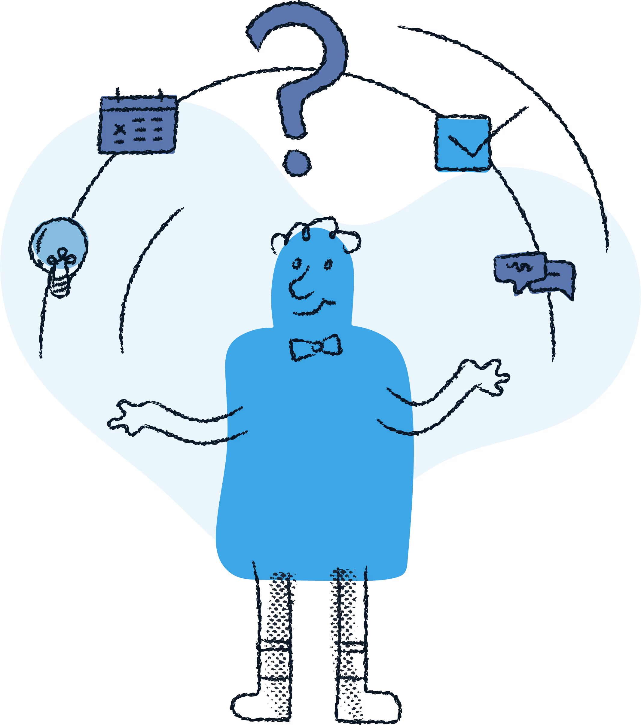 Cartoon character with a blue cloud-shaped body displays icons of a calendar, light bulb, question mark, checklist, and chat bubbles around its head.