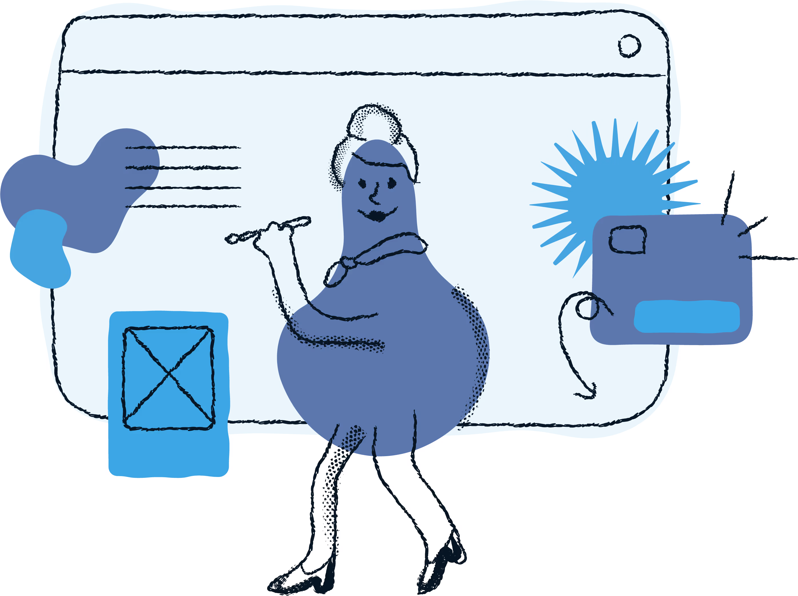 Illustration of a character with a blue rounded body and human legs holding a tool, standing in front of a large blue browser window with icons and arrows.