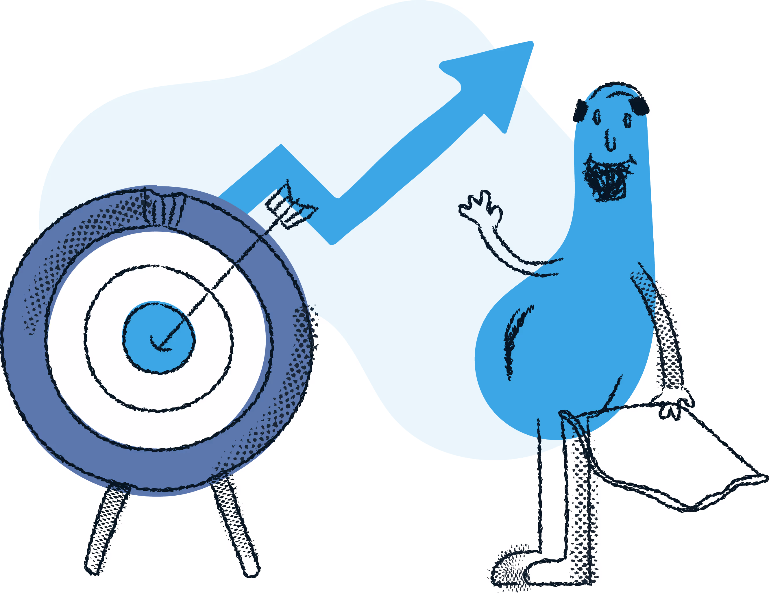 Illustration of a smiling person waving and holding a flag next to a target with an arrow hitting the bullseye.