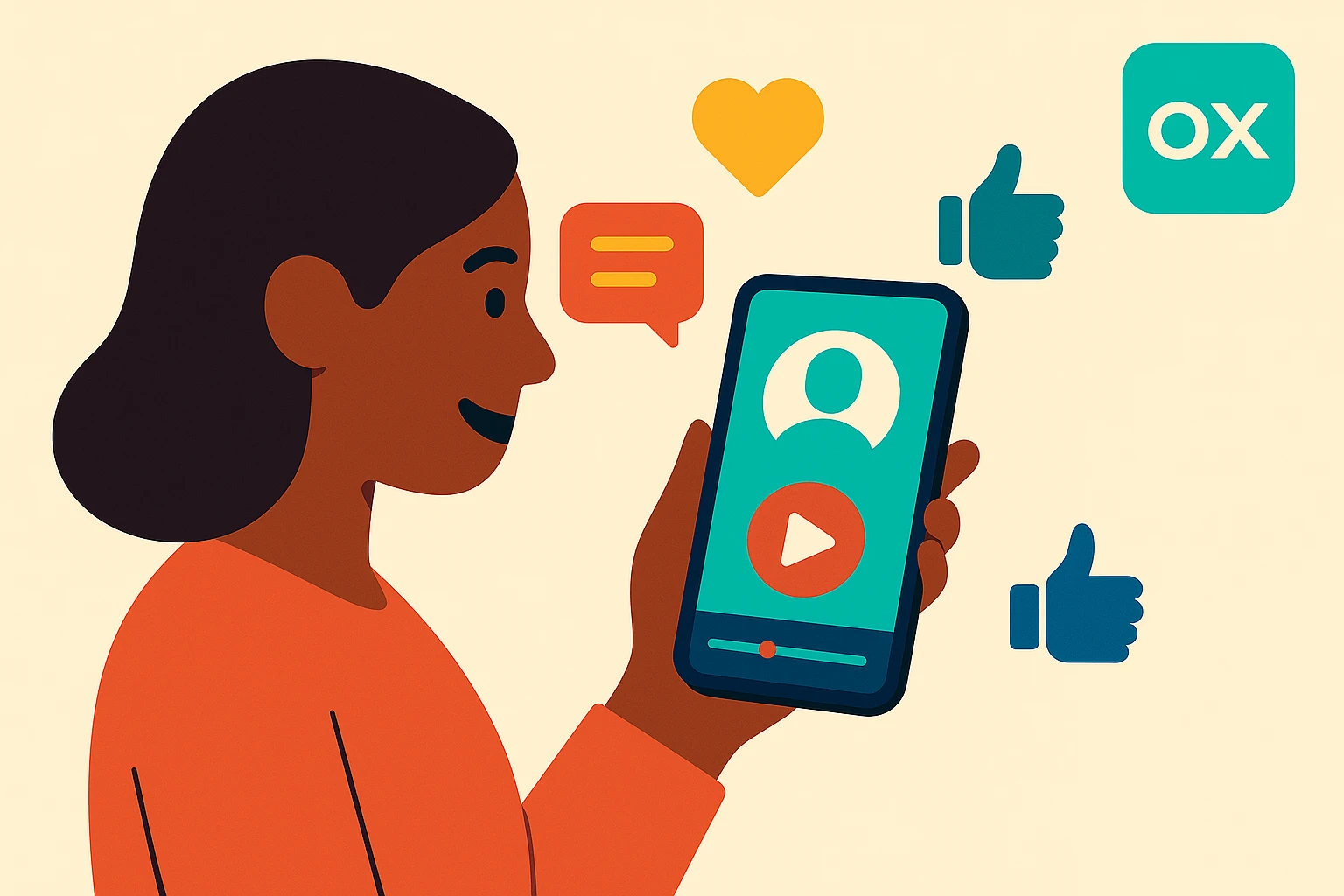Person using smartphone for video survey with interface and engagement symbols