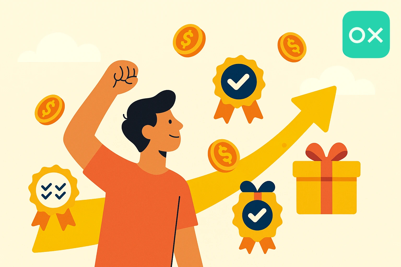 Person achieving survey qualification milestones with premium rewards and badges