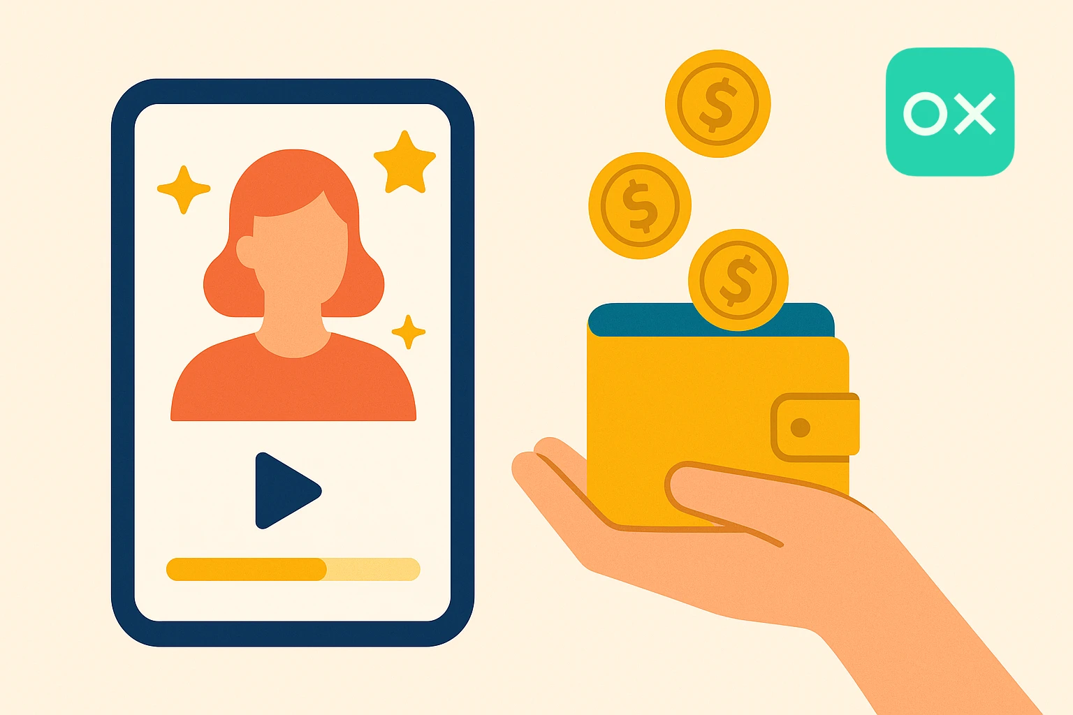 Illustration of video survey on phone and hand receiving coins in wallet