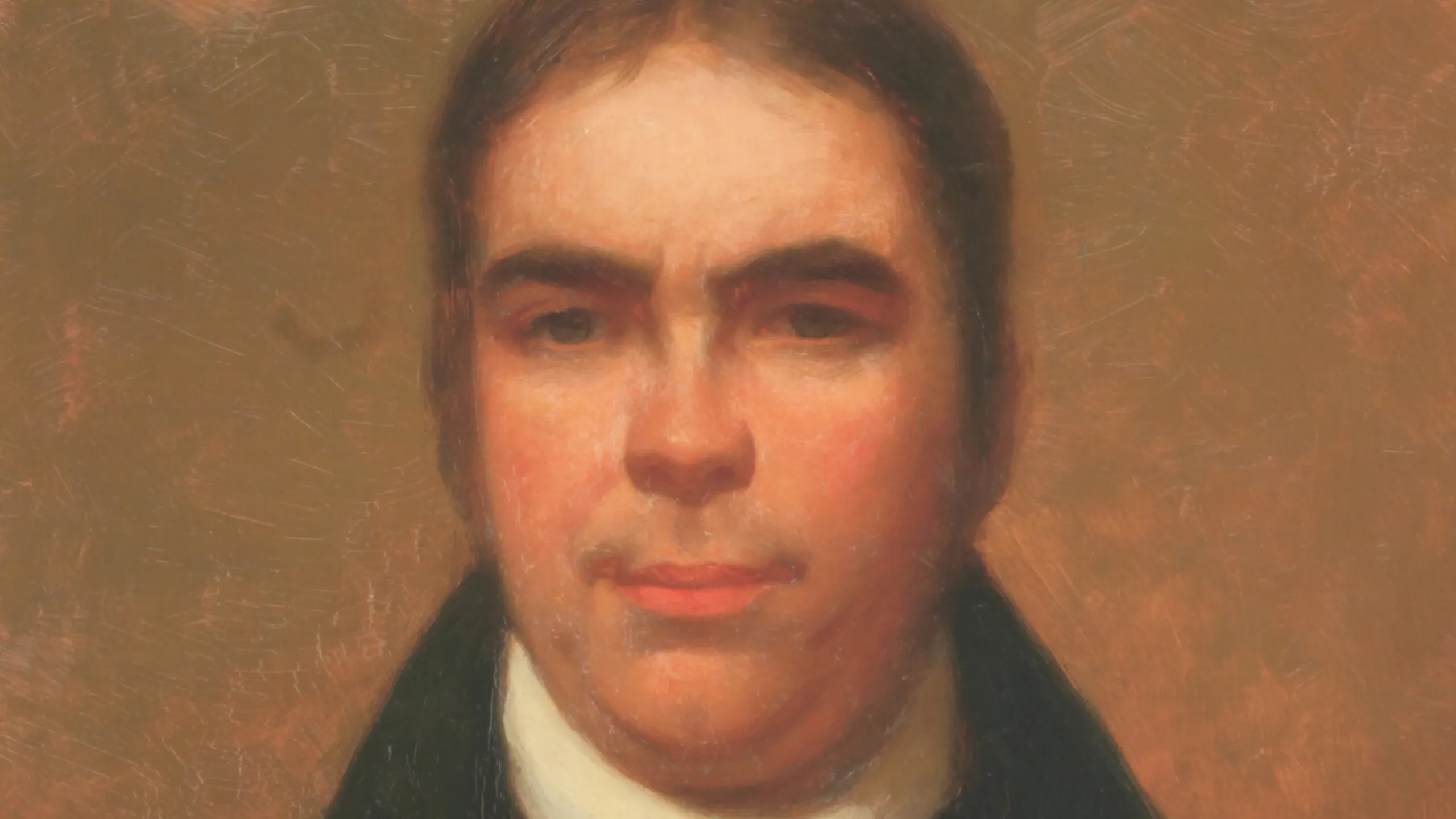 Close-up of a classical oil painting portrait of a man with dark hair, pale skin, and a serious expression wearing a dark coat and white collar.