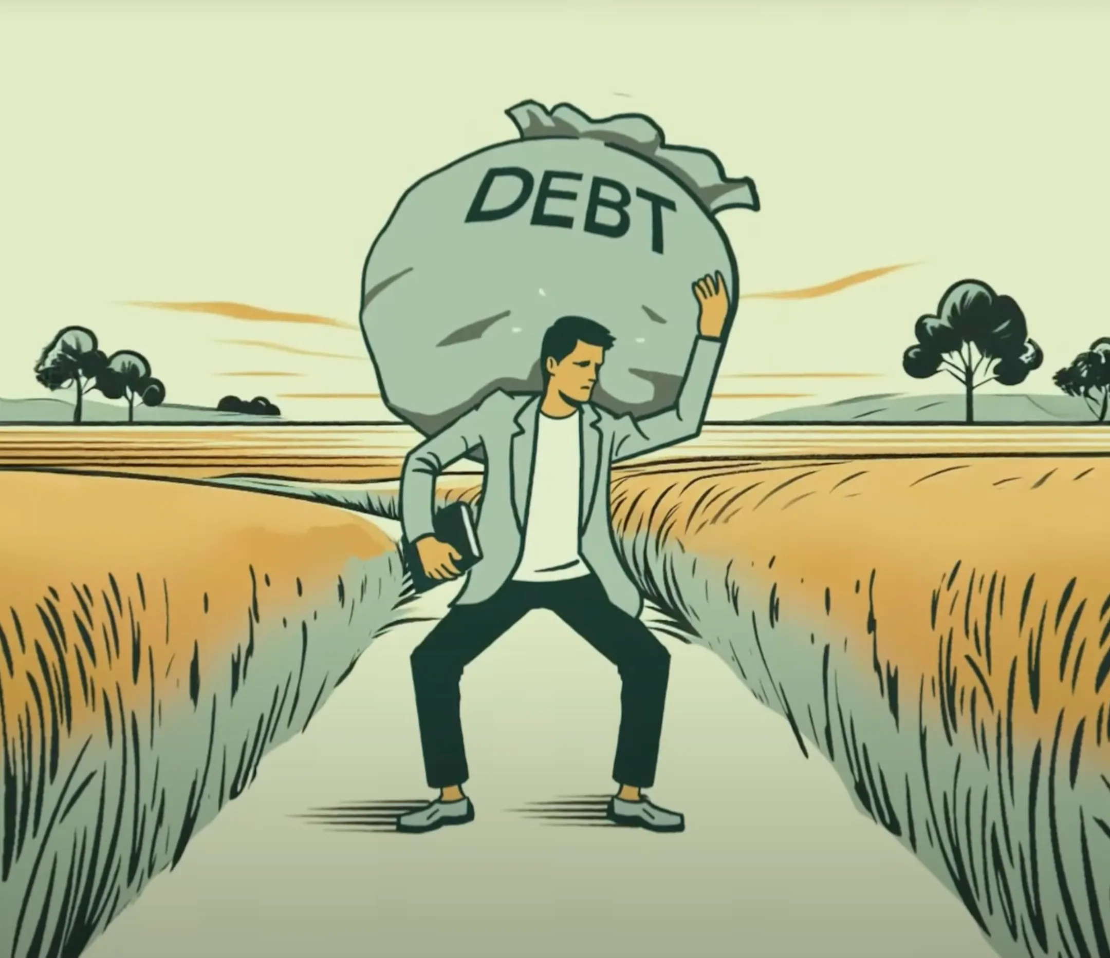 Illustration of a man carrying a large heavy bag labeled 'DEBT' on his back while standing on a country road between golden fields.