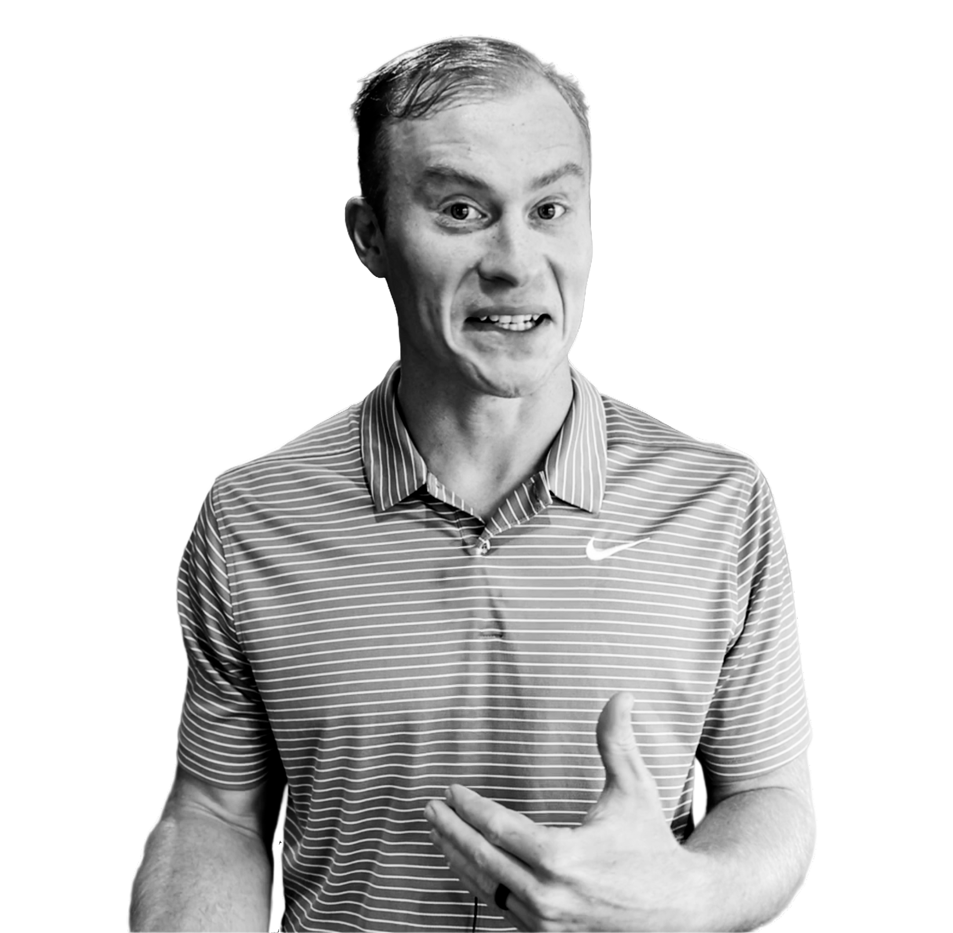 Man in striped Nike polo shirt making an expressive gesture with his hand while speaking.