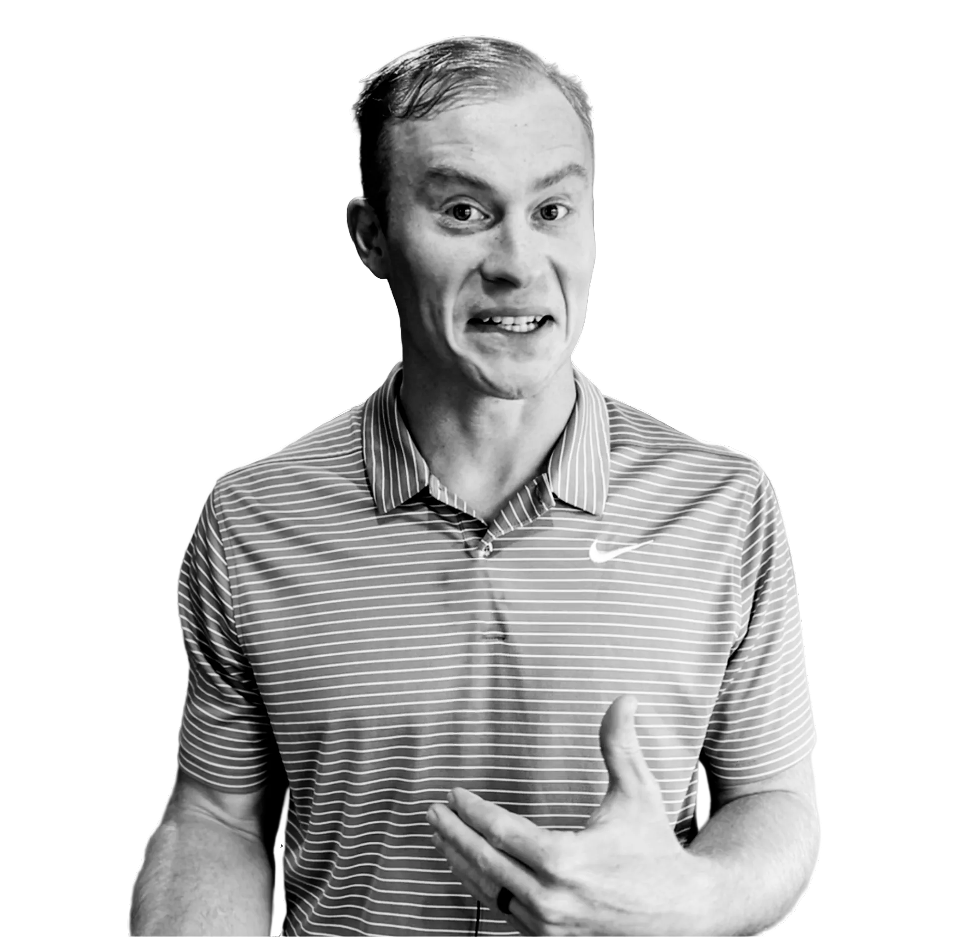 Man in striped Nike polo shirt making an expressive gesture with his hand while speaking.