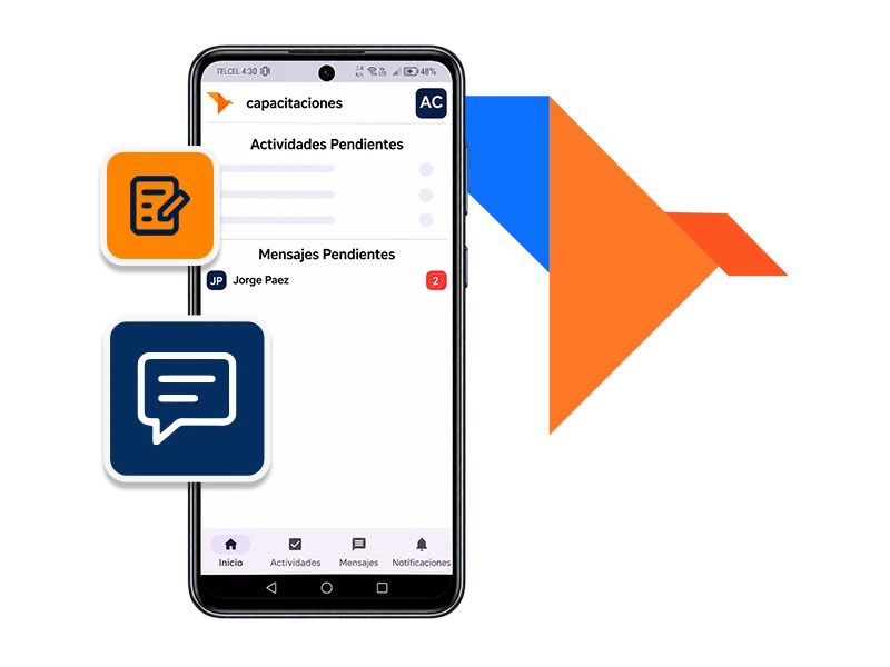 Mockup de la app Diazar DIM con mensajería y aprobaciones desde el celular