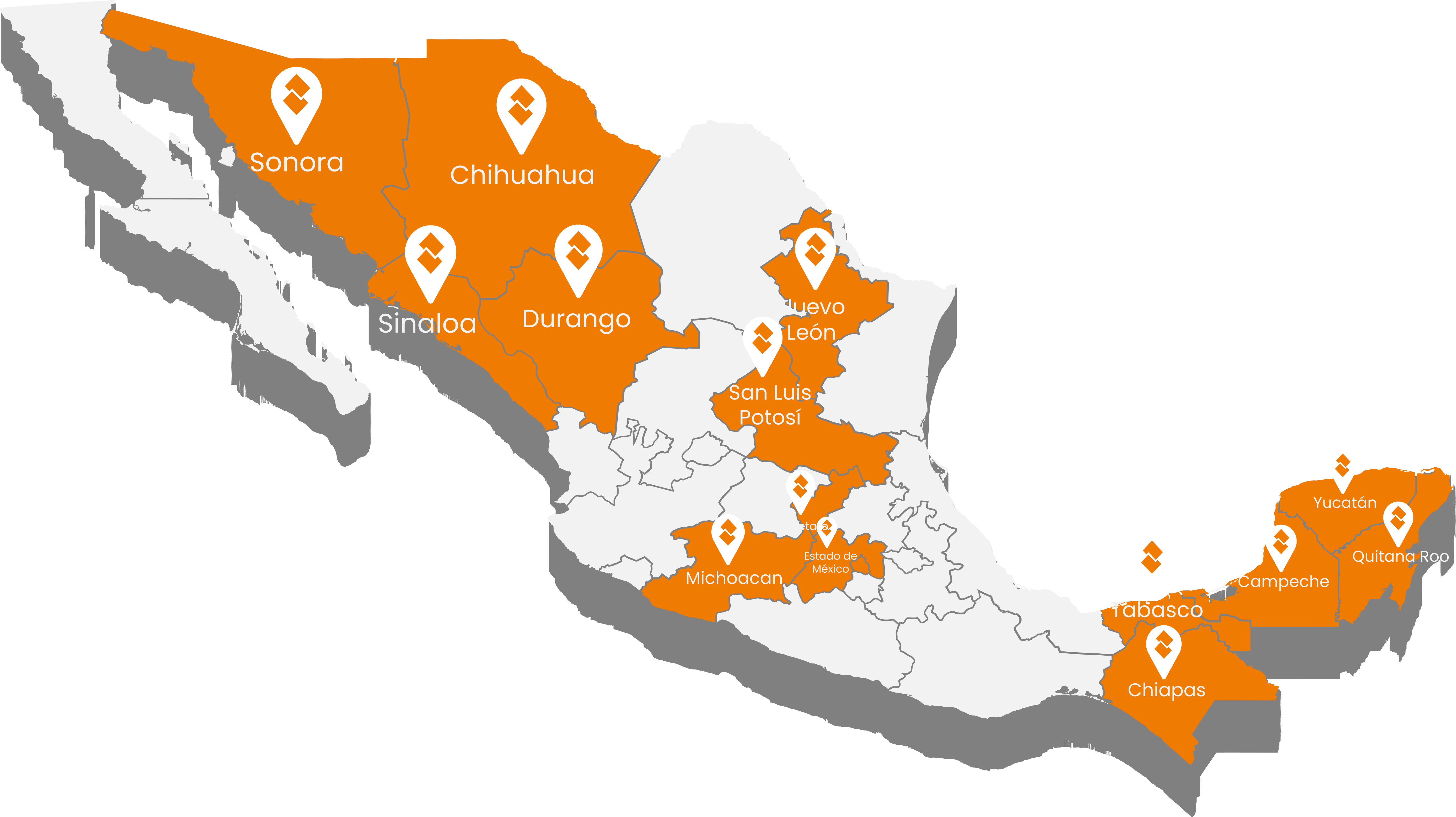 Mapa de México con los estados donde Diazar tiene presencia en proyectos de construcción