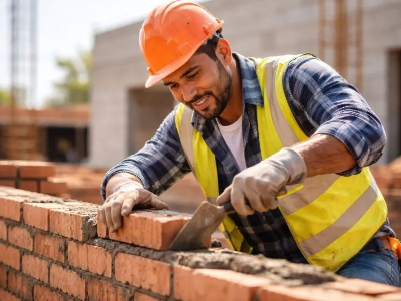 Trabajador de construcción colocando ladrillos y mortero para levantar un muro de mampostería.