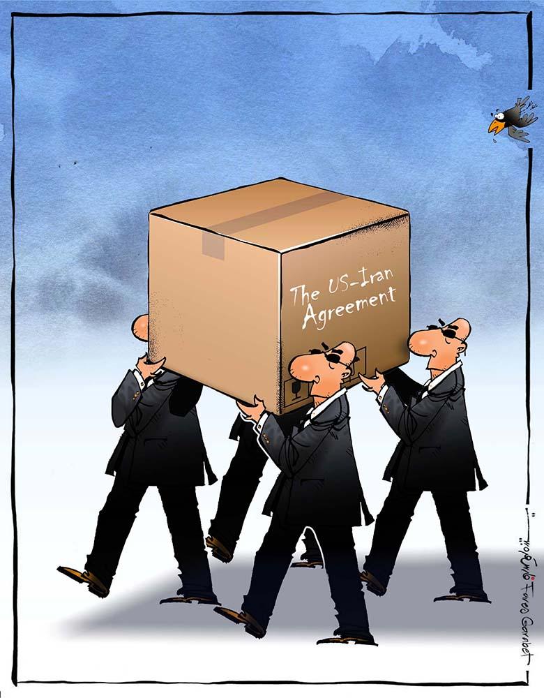 Editorial cartoon by Fares Garabet depicting the US-Iran agreement