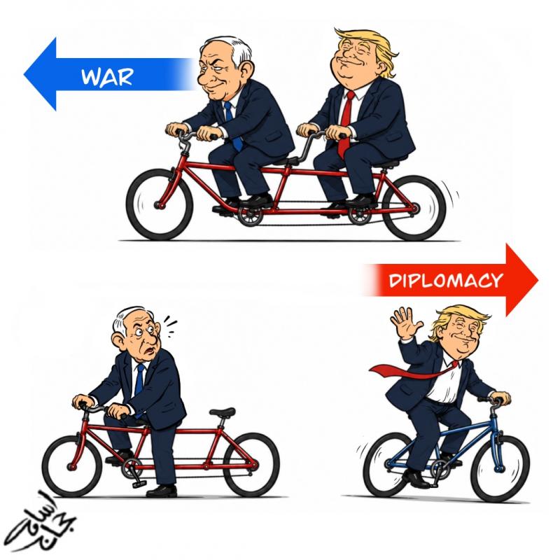 Editorial cartoon by Osama Hajjaj depicting Trump and Netanyahu's relationship