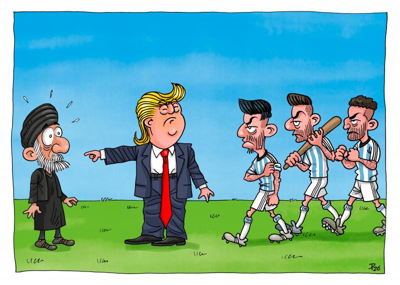 Editorial cartoon by Pedro Ribeiro Ferreira titled Trump vs Argentina vs Iran