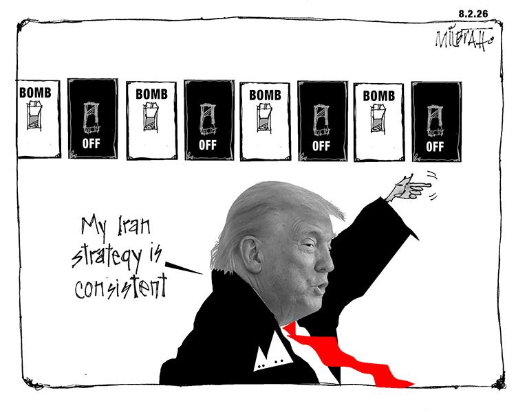 Editorial cartoon by Deb Milbrath titled Trump's Iran War Strategy