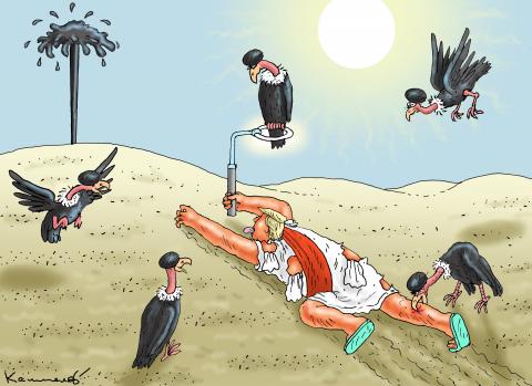 Editorial cartoon by Marian Kamensky titled Thirsty Dr. Jesus in Iran