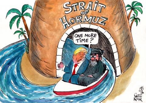 Editorial cartoon by Christo Komarnitski titled Trump in Strait of Hormuz, depicting Trump and an Iranian cleric riding a boat through a canal tunnel