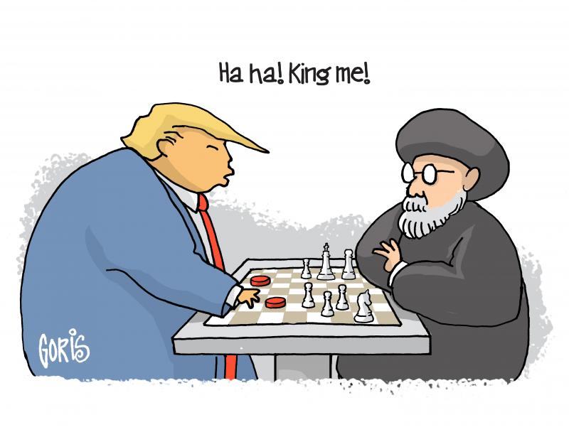 Editorial cartoon by Dennis Goris titled The Strategist, depicting Trump and an Iranian cleric playing checkers on a chess board, captioned Ha ha! King me!