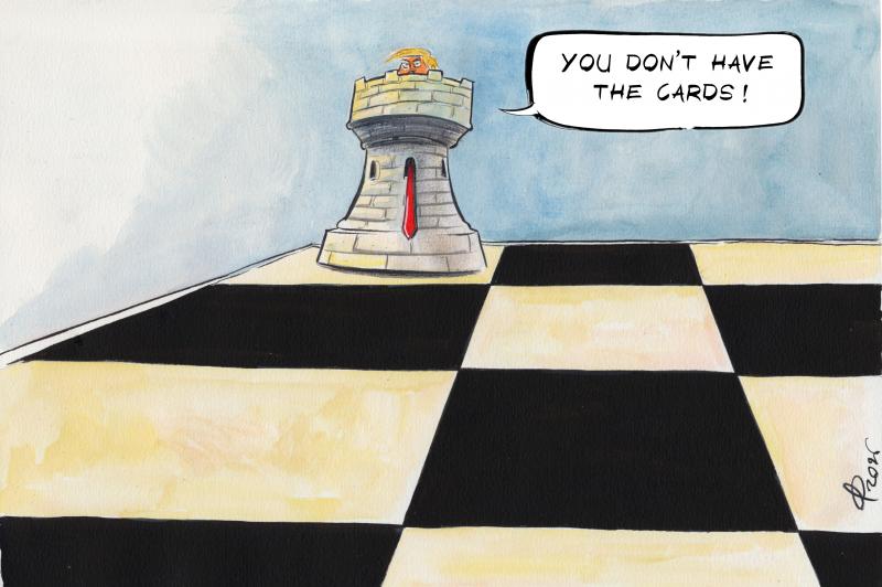 Editorial cartoon by Paolo Calleri titled Hormuz's Chess Game, depicting a rook on a chessboard with a blond figure shouting down 'You don't have the cards!', their red tie hanging from a rook window below